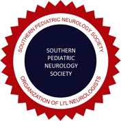 A red, white and blue seal with the words southern pediatric neurology society in it.